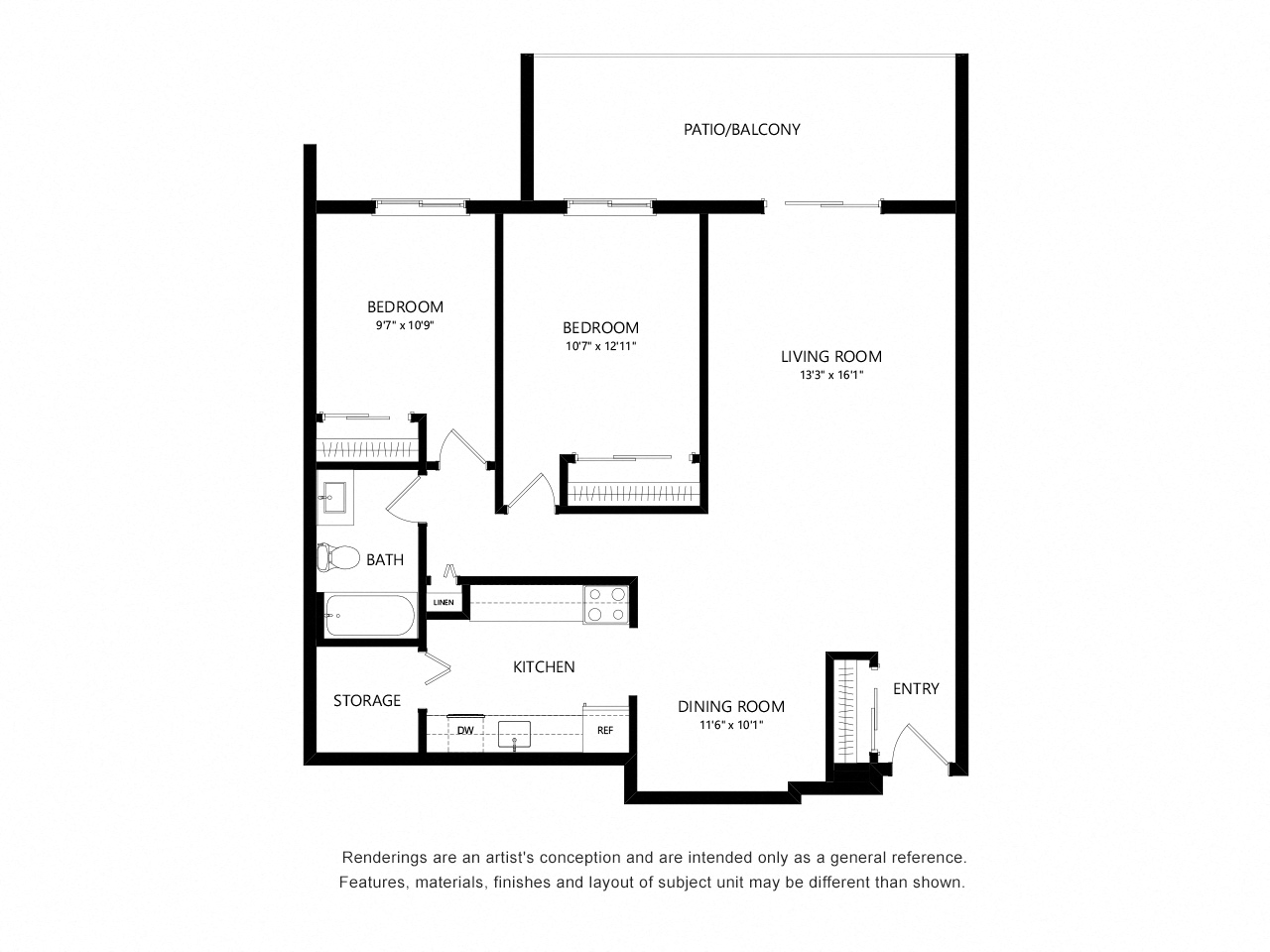 Floor plan for 2 beds, 1 bath, 800 sqft
